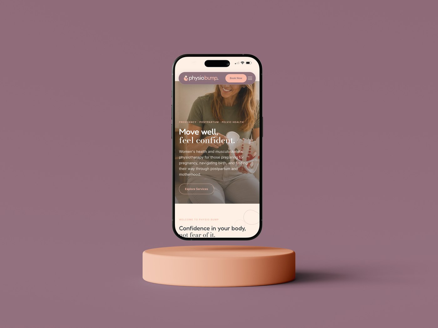 Physio Bump mobile homepage, showing the hero section on a phone